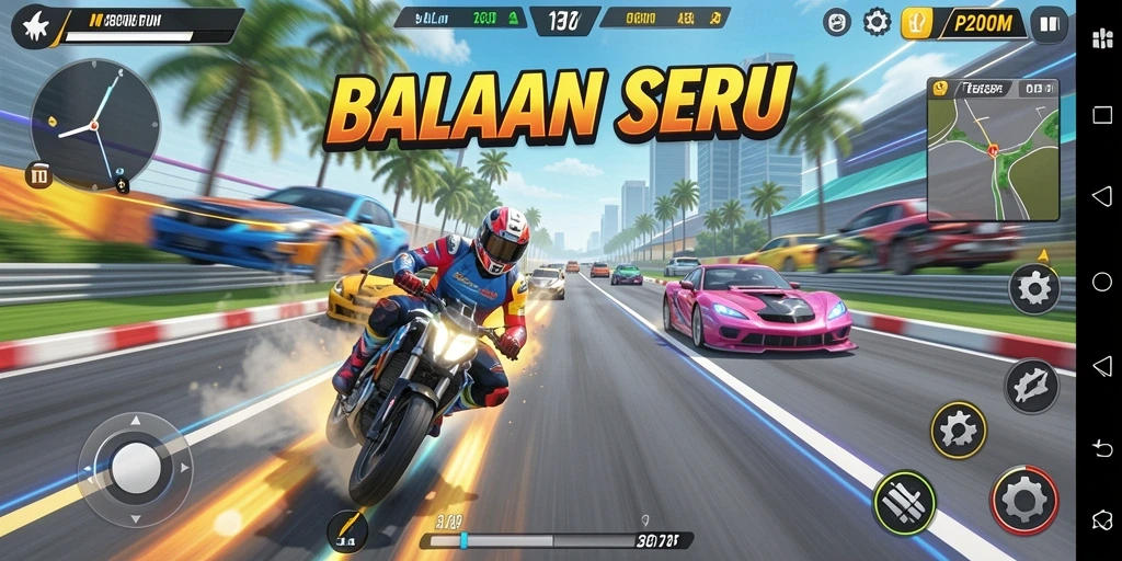 Tangkapan layar P200M menampilkan aksi balapan mendebarkan dengan mobil dan trek yang menawan.